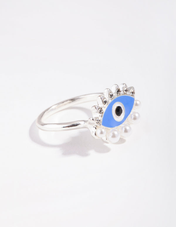 Silver Pearl Diamante Evil Eye Ring