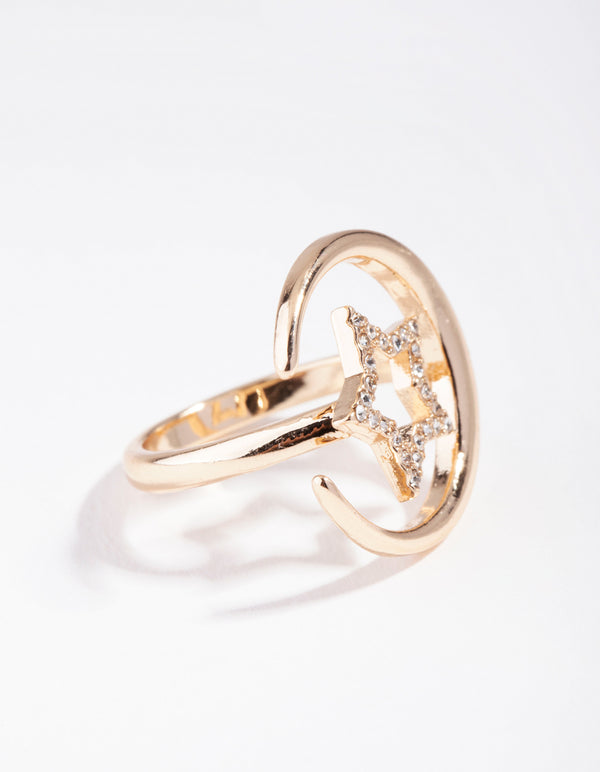 Gold Crystal Star Cresent Moon Ring