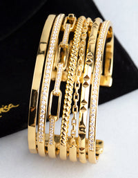 18ct Gold Plated Brass Cubic Zirconia Multi Row Cuff Bracelet - link has visual effect only