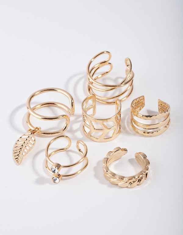 Gold Mix Texture Leaf 6-Pack Ear Cuff