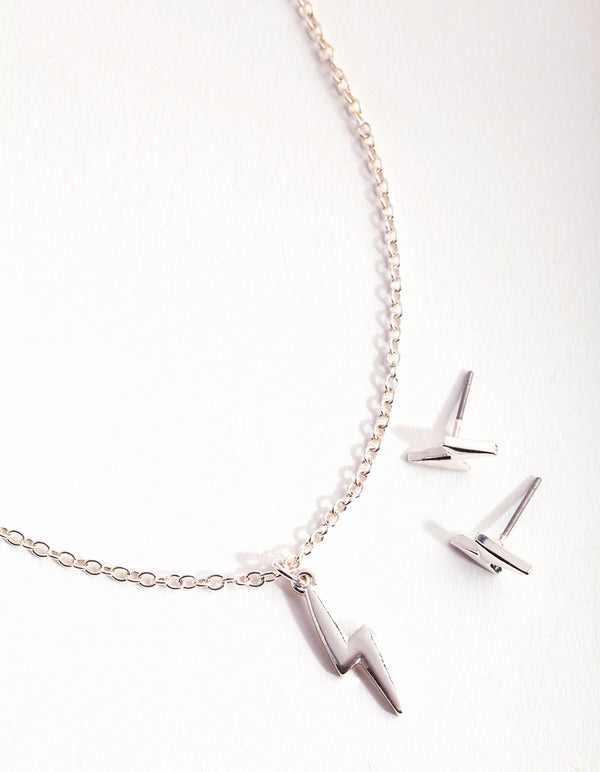 Silver Lightning Bolt Earring & Necklace Set