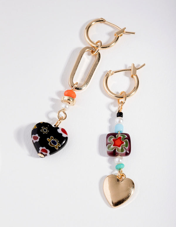 Gold Mix Bead Heart Drop Earrings