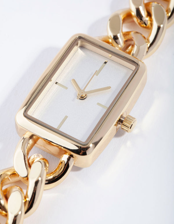 Gold Rectangular Curb Link Watch