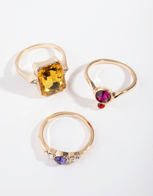 Gold Multi Diamante Pack Rings