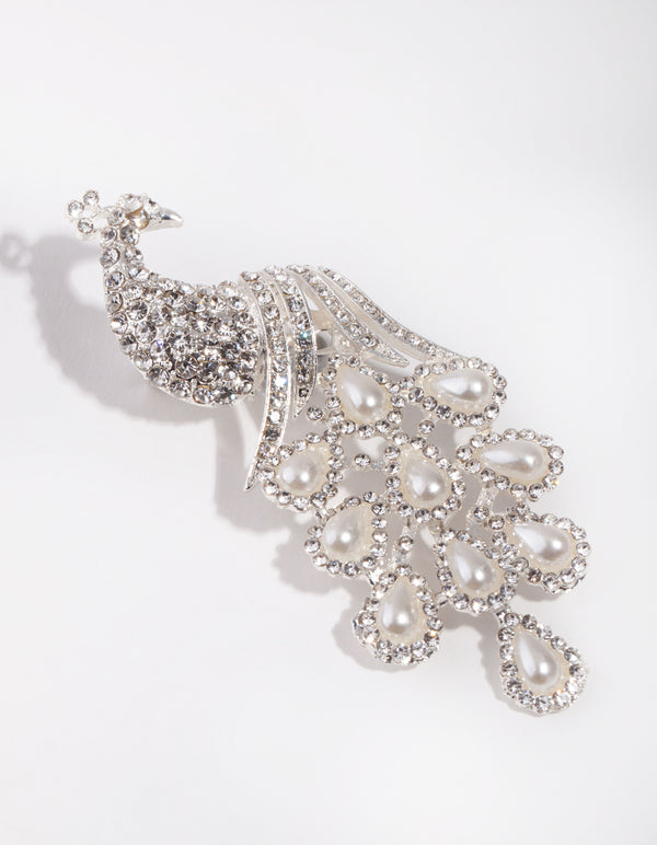 Silver Diamante Peacock Broach