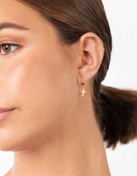 Gold Plated Sterling Silver Cubic Zirconia Cross Huggie Earrings - link has visual effect only