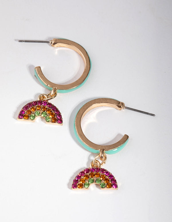 Gold Enamel Diamante Rainbow Hoop Earrings