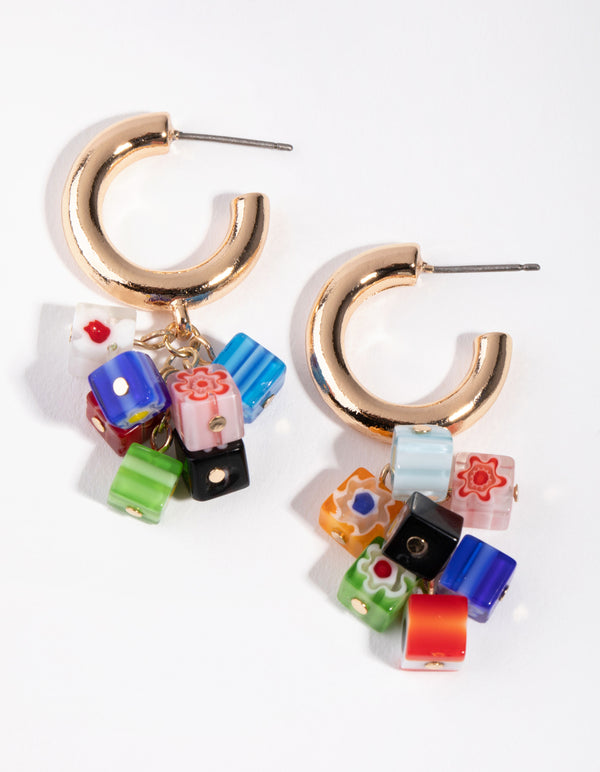 Gold Ceramic Cubes Hoop Earrings