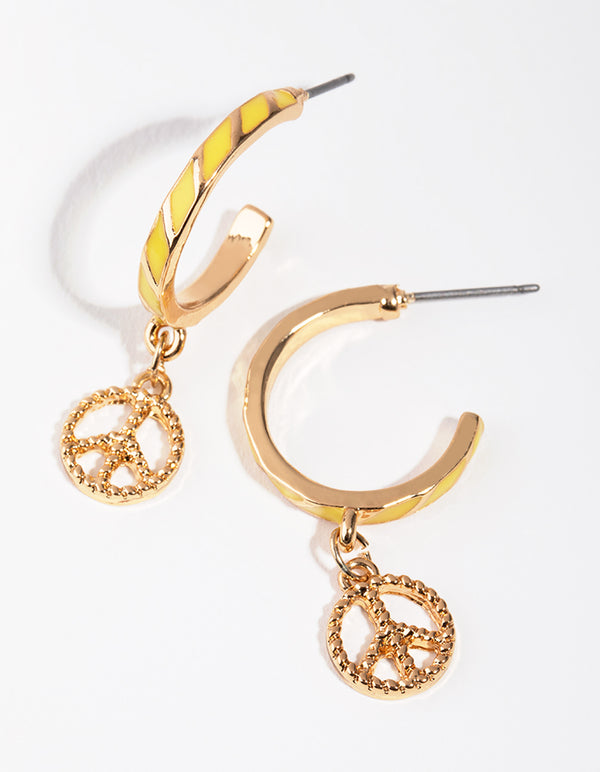 Gold Enamel Peace Hoop Earrings