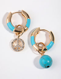 Gold Turquoise Diamante Peace Hoop Earrings - link has visual effect only