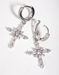 Silver Crystal Stone Cross Hoop Earrings - link has visual effect only