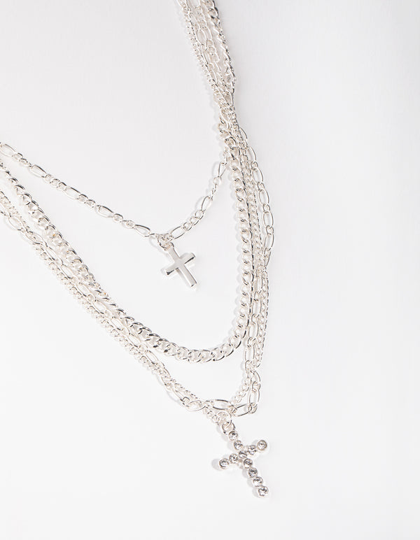 Silver Mix Chain Cross 4-row Necklace