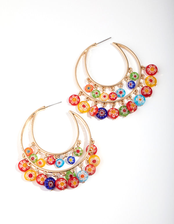 Gold Double Loop Printed Bead Earrings