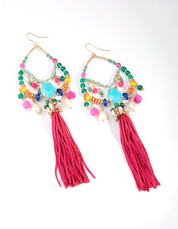 Gold Statement Beads & Tassel Earrings