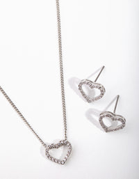 Rhodium Diamond Simulant Heart Necklace & Earrings Set - link has visual effect only