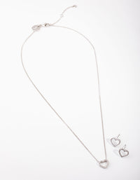 Rhodium Diamond Simulant Heart Necklace & Earrings Set - link has visual effect only