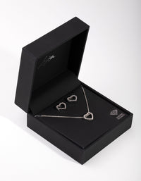 Rhodium Diamond Simulant Heart Necklace & Earrings Set - link has visual effect only