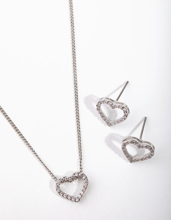 Rhodium Diamond Simulant Heart Necklace & Earrings Set