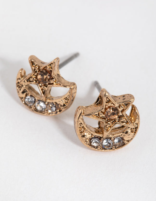 Antique Gold Star in Crescent Stud Earrings