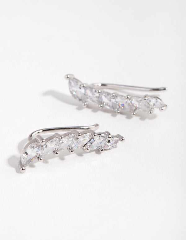 Silver Diamond Simulant Cubic Zirconia Marquaise Crawler Earrings