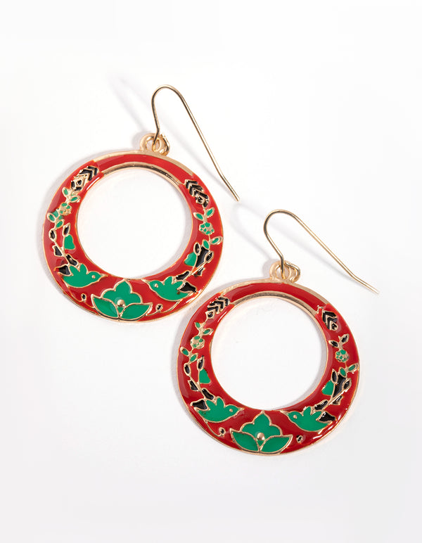 Gold Open Circle Bird Drop Earrings