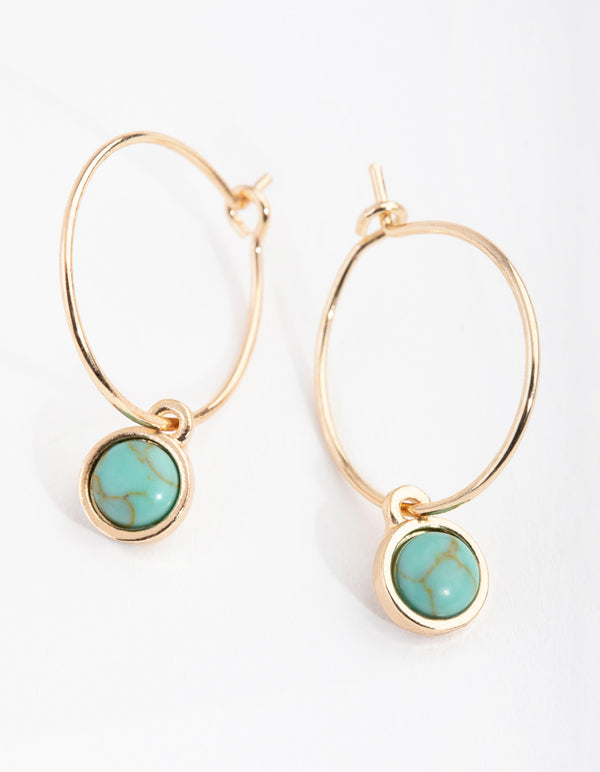 Gold Circle Stone Drop Hoop Earrings