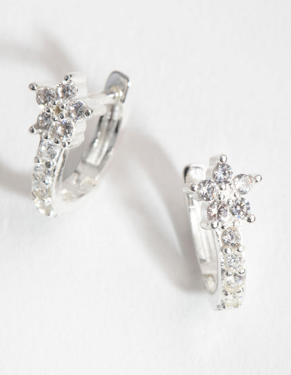 Sterling Silver Cubic Zirconia Flower Huggie Earrings