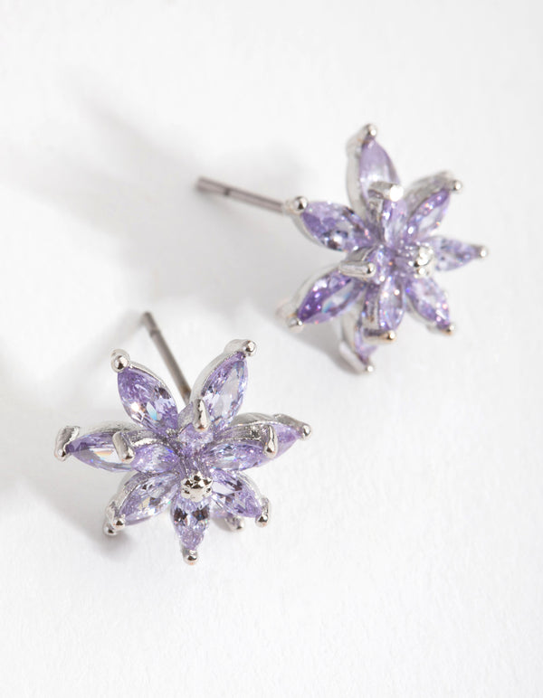 Silver Diamond Simulant Flower Stud Earrings