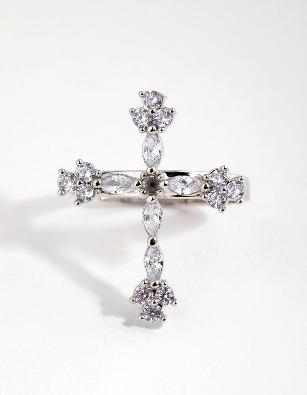 Silver Diamante Cross Ring