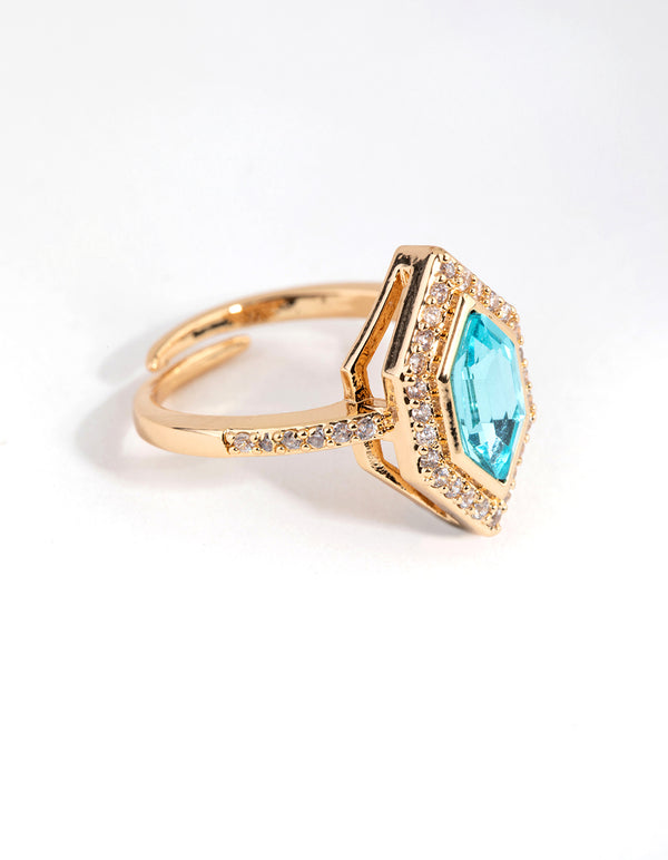 Gold Hexagon Aqua Stone Ring