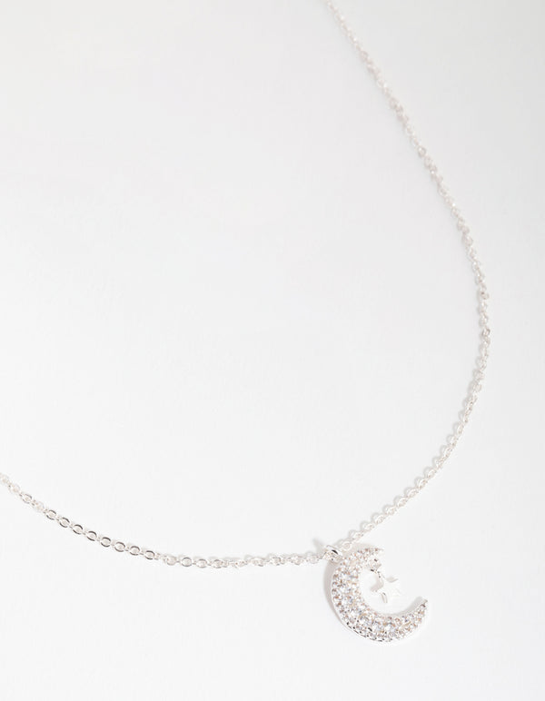 Silver Cubic Zirconia Moon & Star Necklace