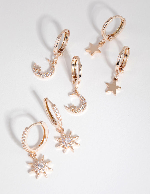 Rose Gold Plated Star & Moon Huggie Earring Pack