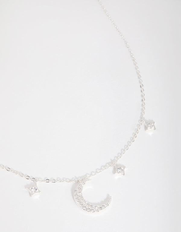 Silver Plated Cubic Zirconia Crescent Moon & Star Pendant Necklace