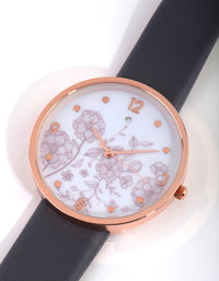 Rose Gold Floral Print PU-Strap Watch - link has visual effect only