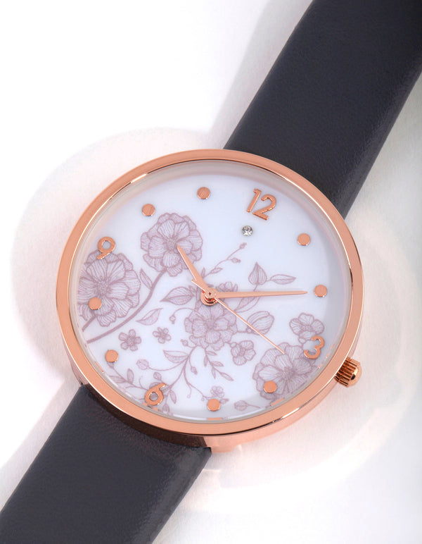 Rose Gold Floral Print PU-Strap Watch