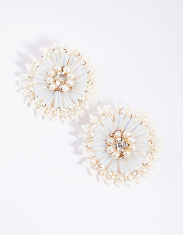 White Beaded Pearl Disc Stud Earrings