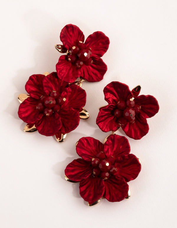 Red Large Pearlised Flower Drop Earrings