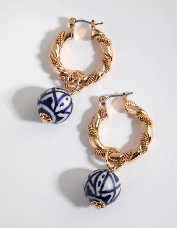 Gold Twisted Hoop & Bead Earrings