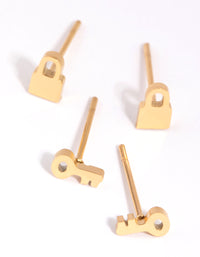 Gold Plated Surgical Steel Lock & Key Stud Earring Set - link has visual effect only