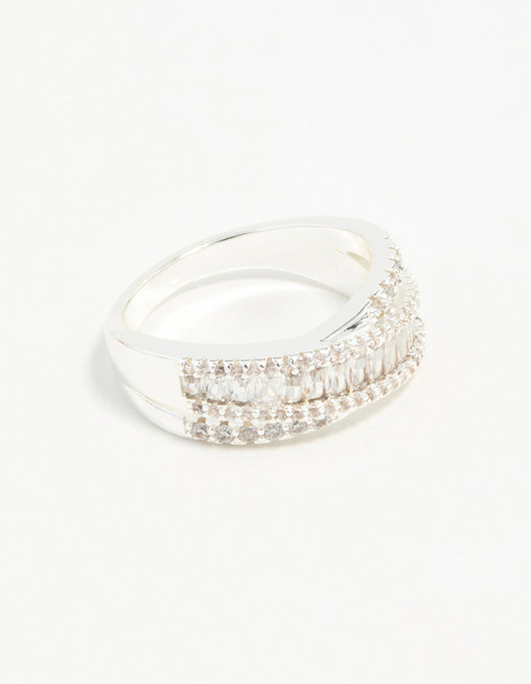 Silver Plated Cubic Zirconia Crossover Baguette Ring