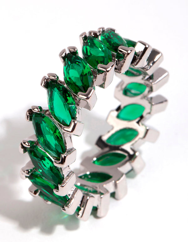 Silver Emerald Cubic Zirconia Navette Ring