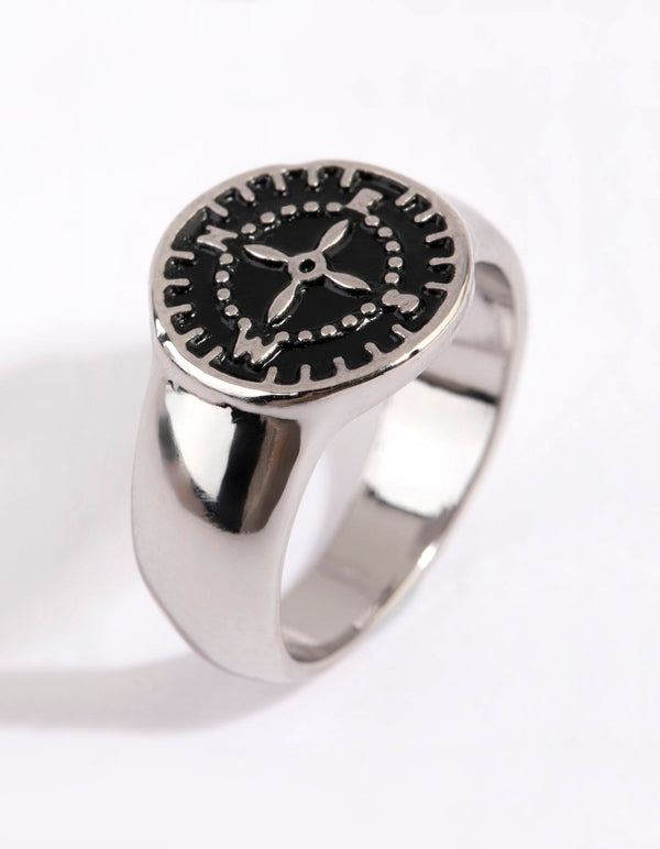 Silver Black Compass Signet Ring