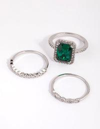 Rhodium Emerald Diamond Simulant Halo Ring Pack - link has visual effect only