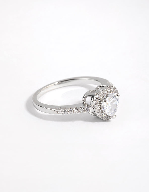 Rhodium Diamond Simulant Heart Halo Ring