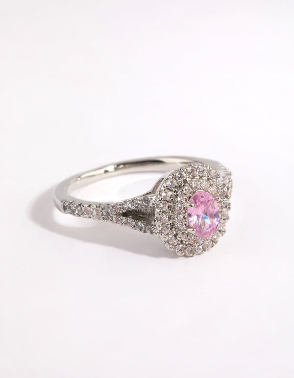 Silver Pink Diamond Simulant Oval Halo Ring