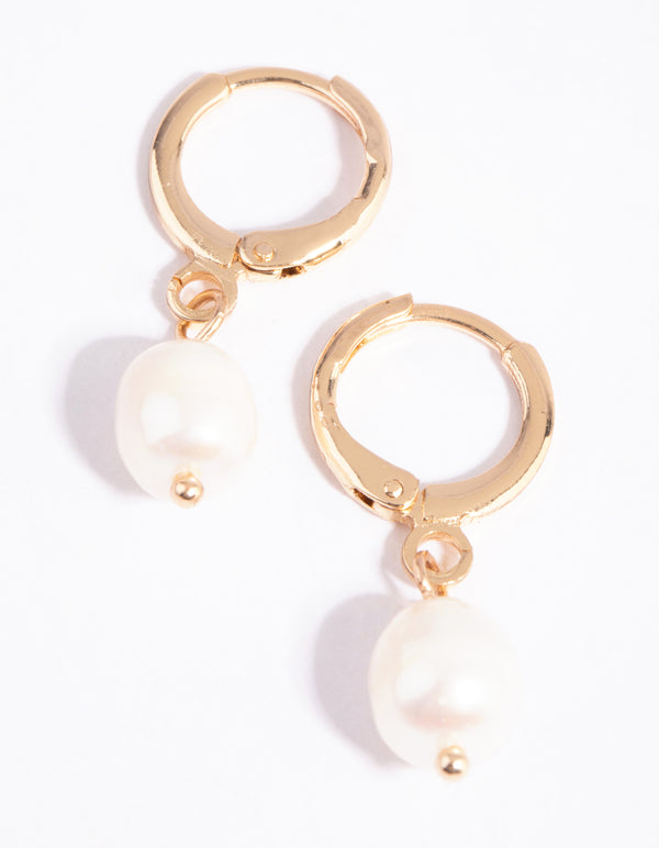 Gold Pearl Huggie Earrings