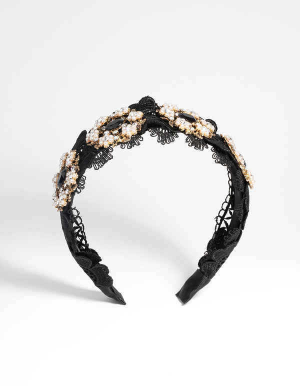 Black Lace & Flower Beaded Headband