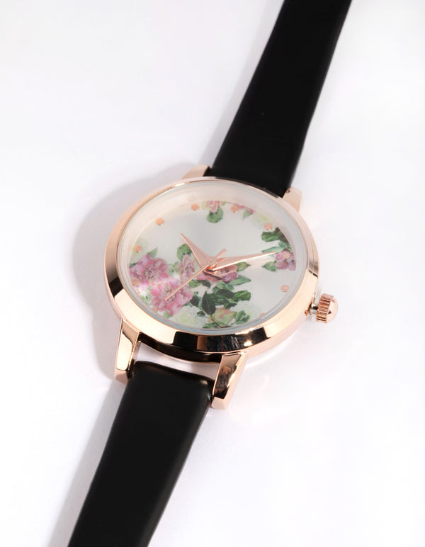 Gold Slim Foral PU Strap Watch