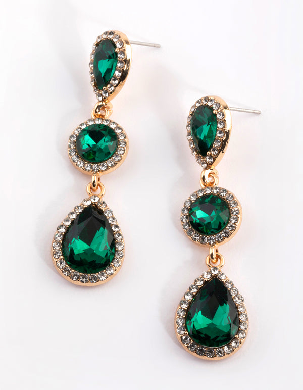 Green Diamante Circle & Teardrop Earrings