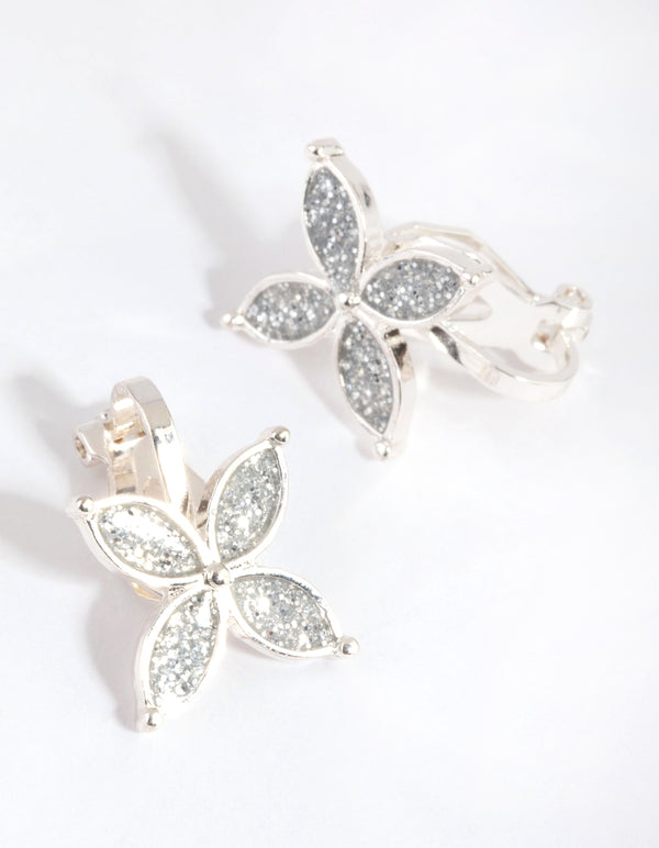 Silver Pointed Flower Clip-On Earrings